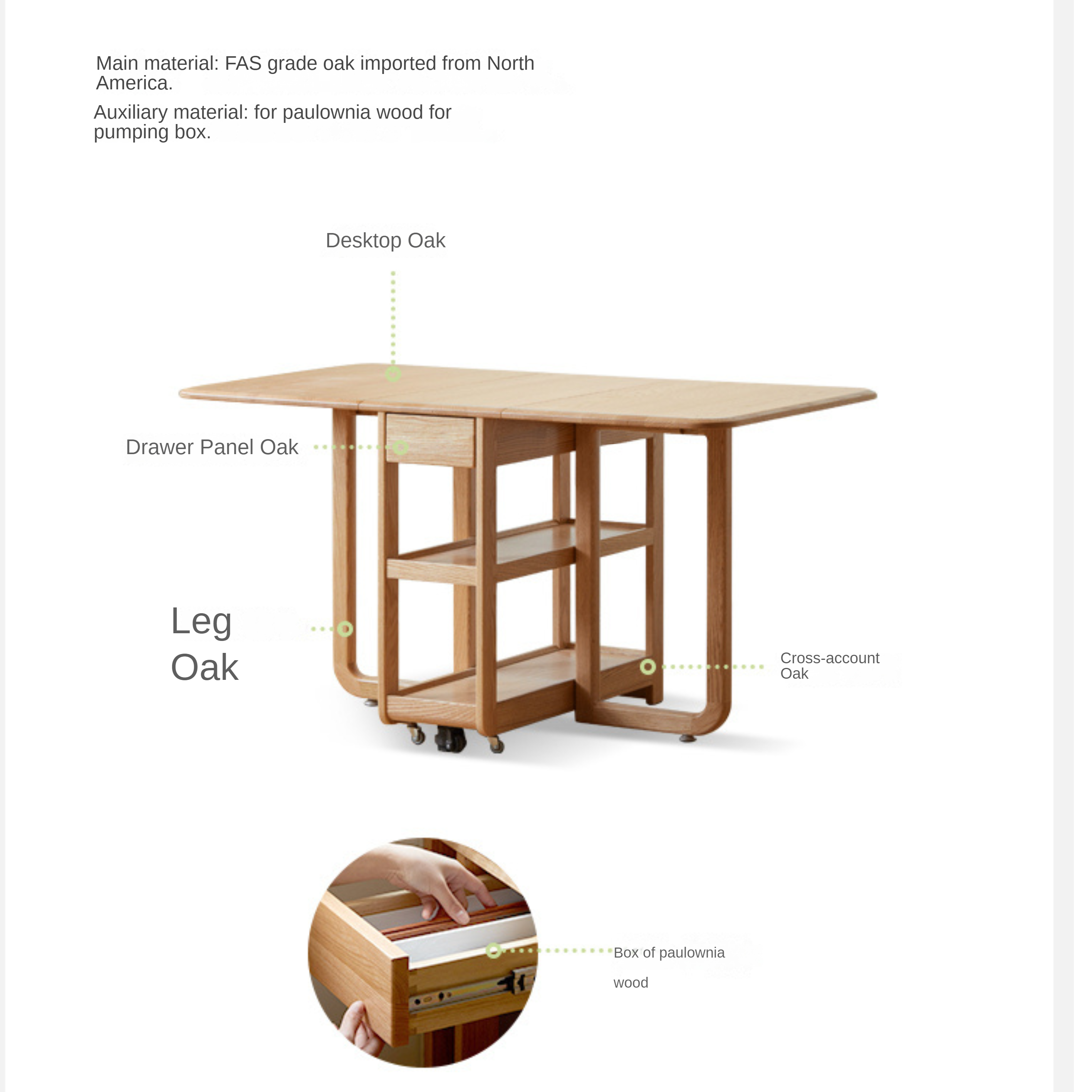 Oak Solid Wood Folding Multi-Functional Storage Telescopic Dining Table