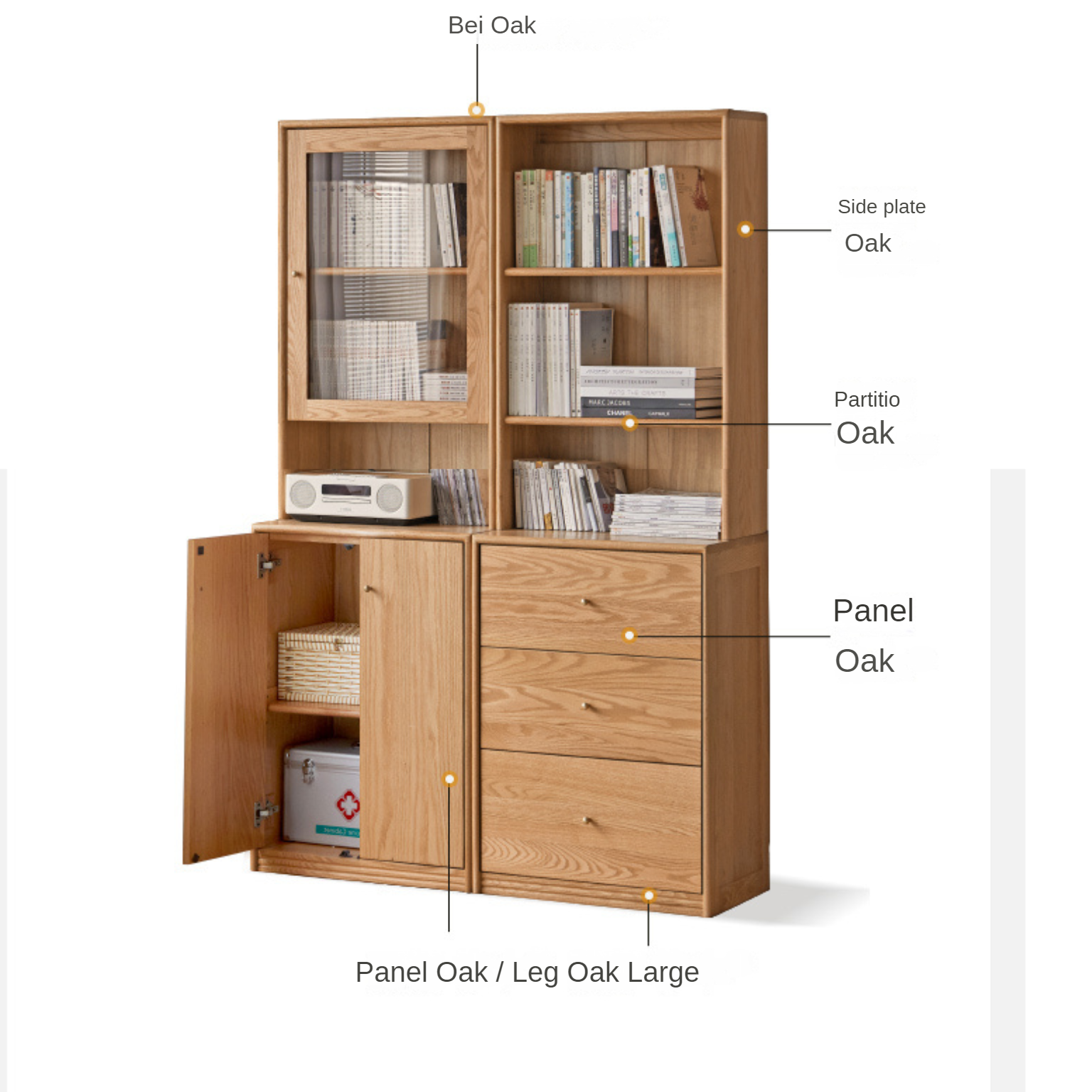 Oak Solid Wood Floor-To-Ceiling Combination Bookshelf, Glass Bookcase
