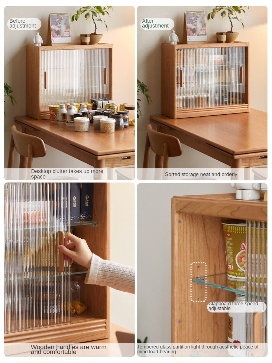 Cherry Solid Wood Glass Sliding Door Storage Cabinet.