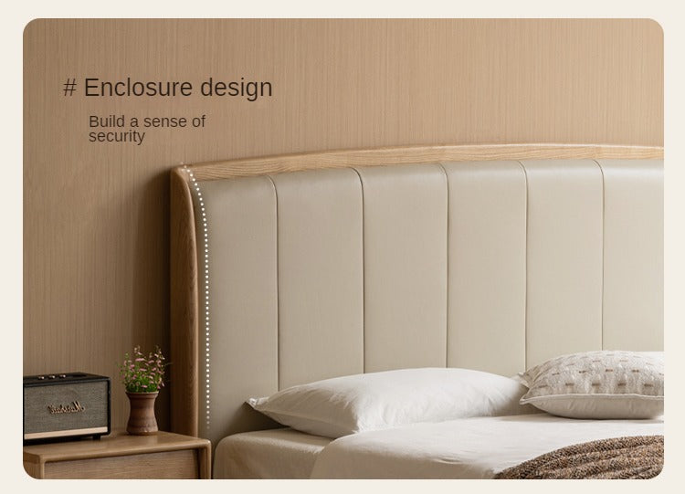 Ash Solid Wood Genuine Leather High Soft Back Bed