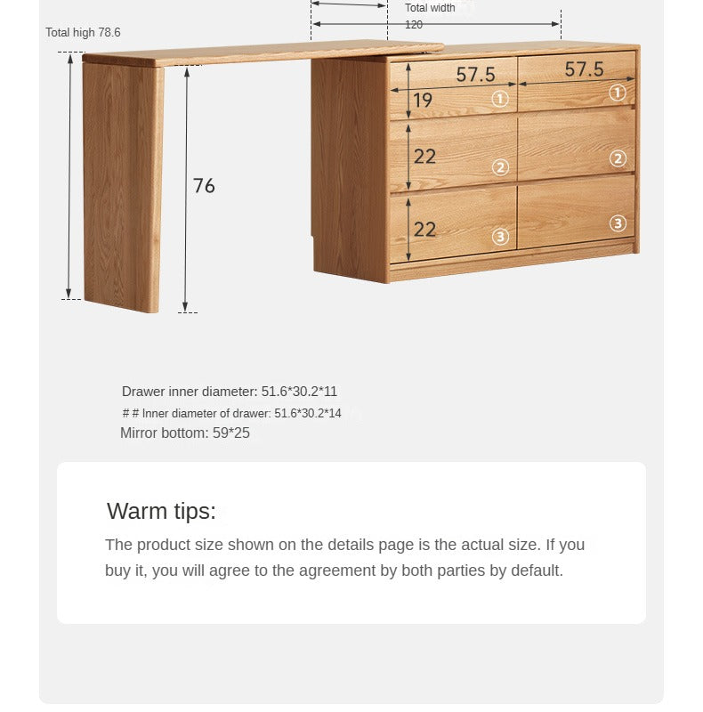 Oak, Solid Rubberwood Dressing Table L-Shaped Corner