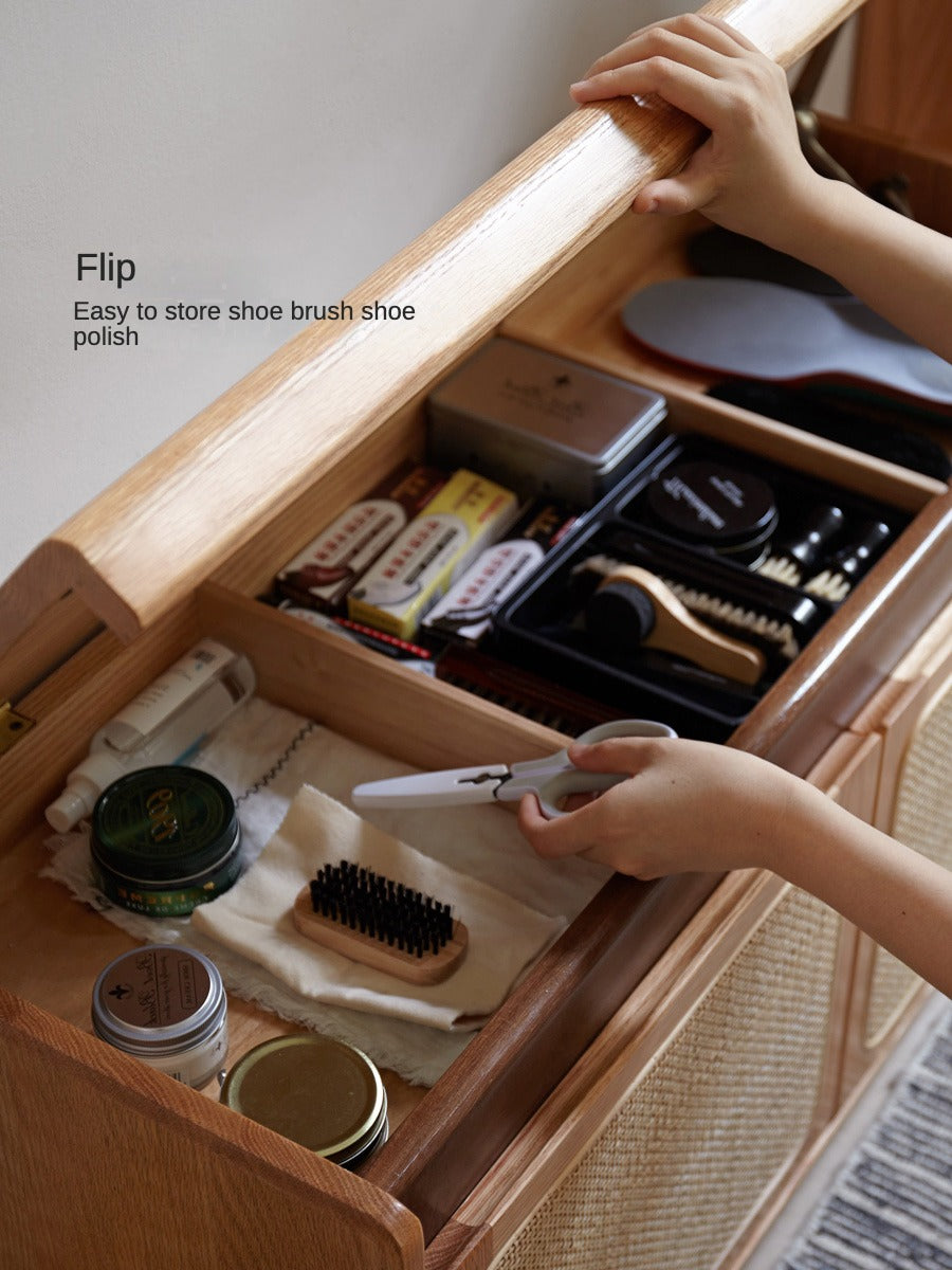 Oak Solid Wood Rattan Shoe Storage Bench