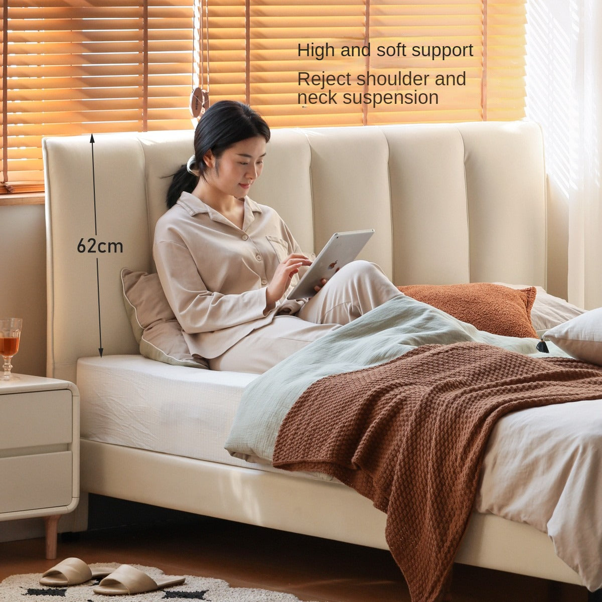 Genuine Leather Suspended Light Luxury Cream Style Bed