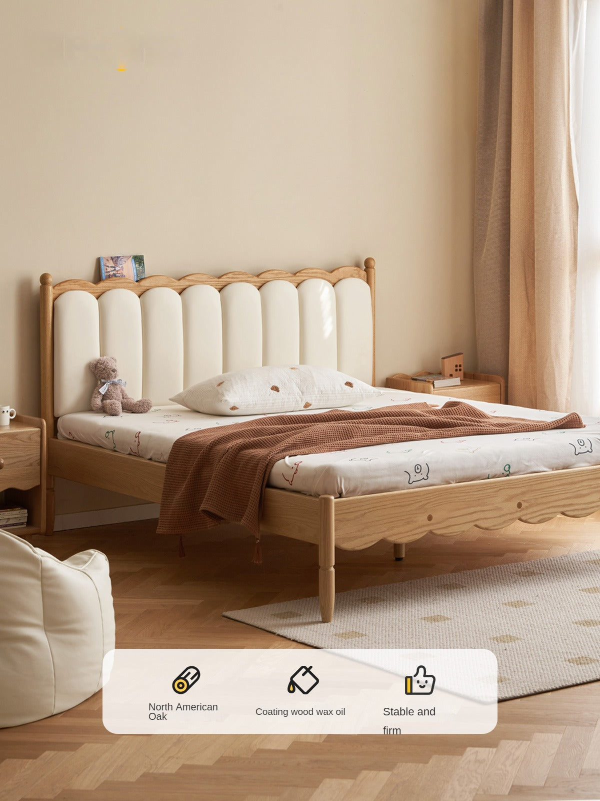 Oak solid wood Milky white kids upholstered bed with soft headboard<
