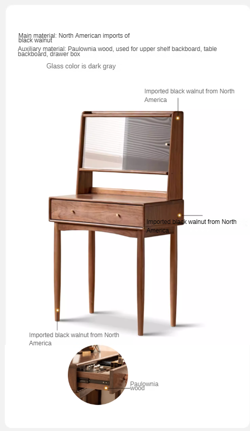 Black Walnut, Walnut Tree Solid Wood Mirror Dressing Table.