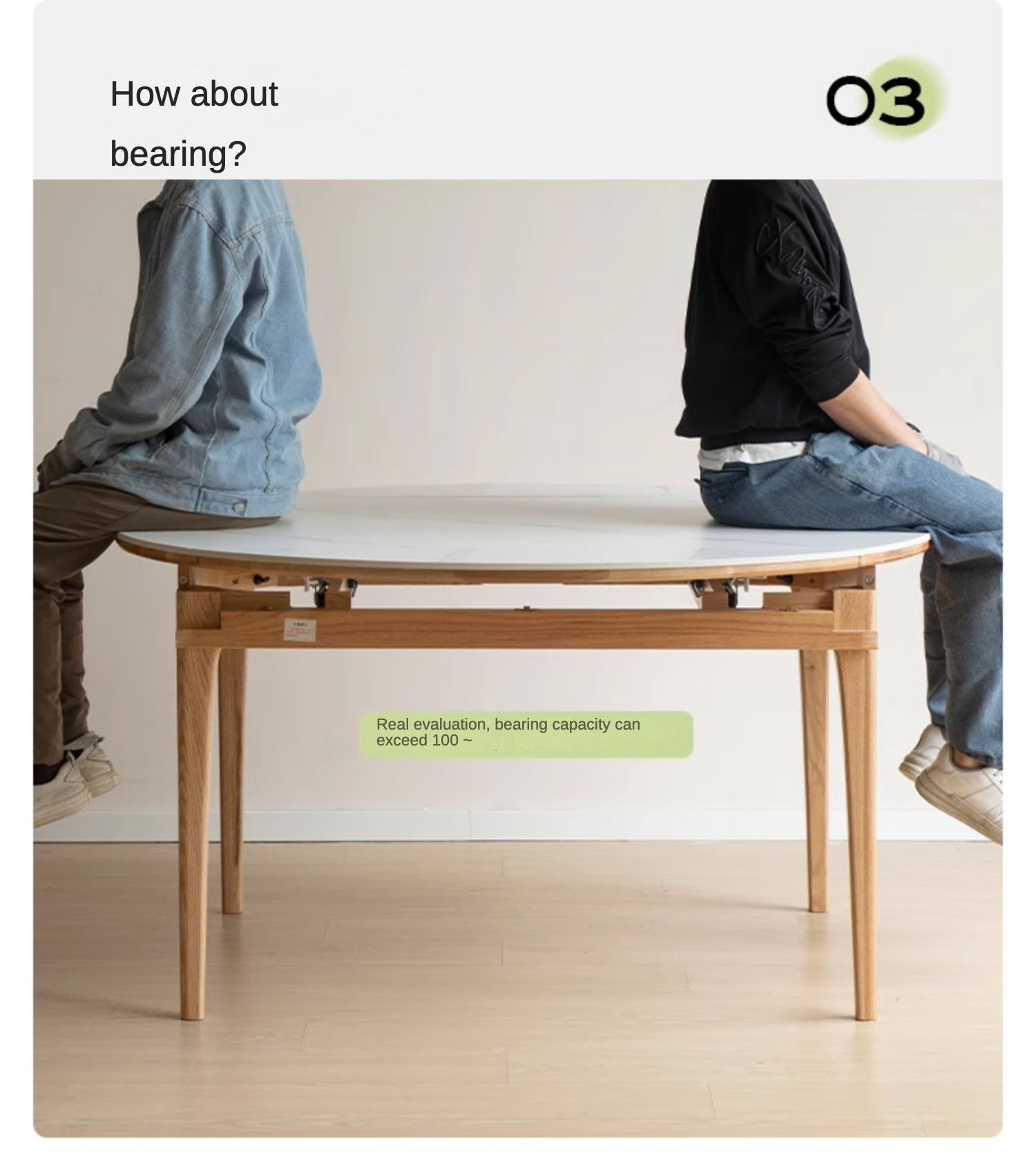 Oak, Solid Rubberwood Round Folding Dining Table With Rock Slab Surface