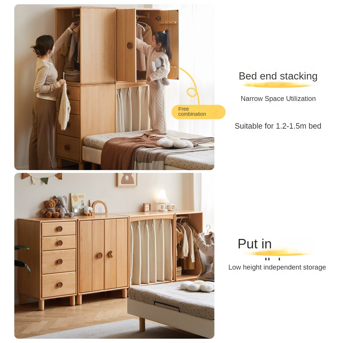 Beech, Rubber Solid Wood Children's Wardrobe,Combination Storage Cabinet