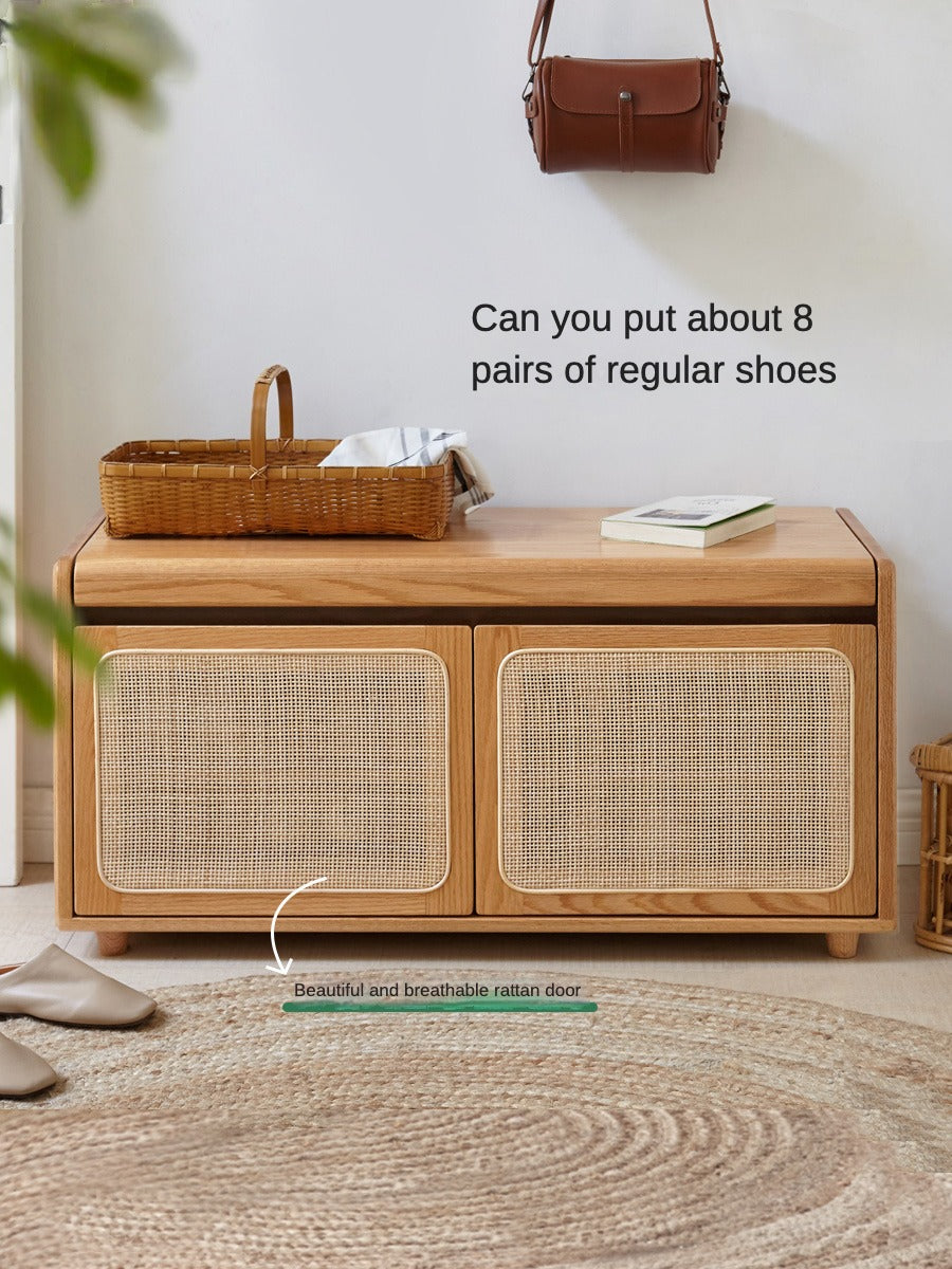 Oak Solid Wood Rattan Shoe Storage Bench