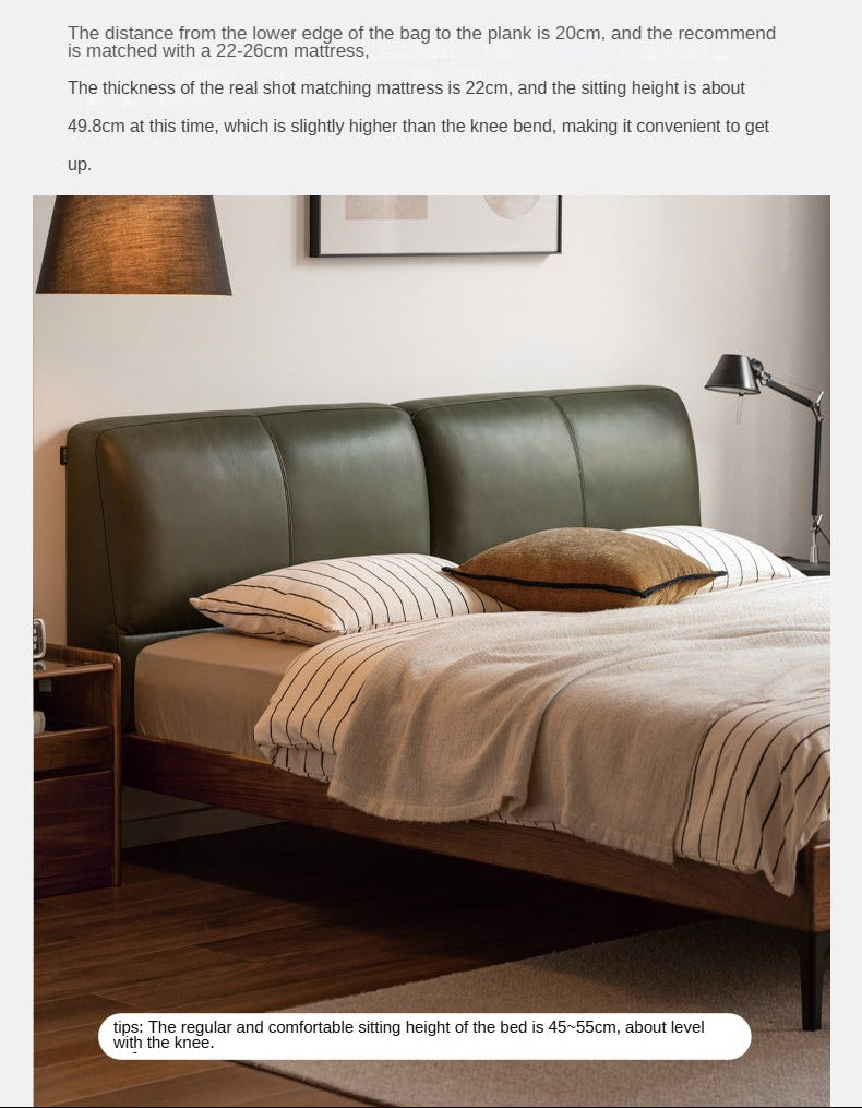 Oak,Black Walnut Solid Wood Soft Genuine Leather Bed Light Luxury