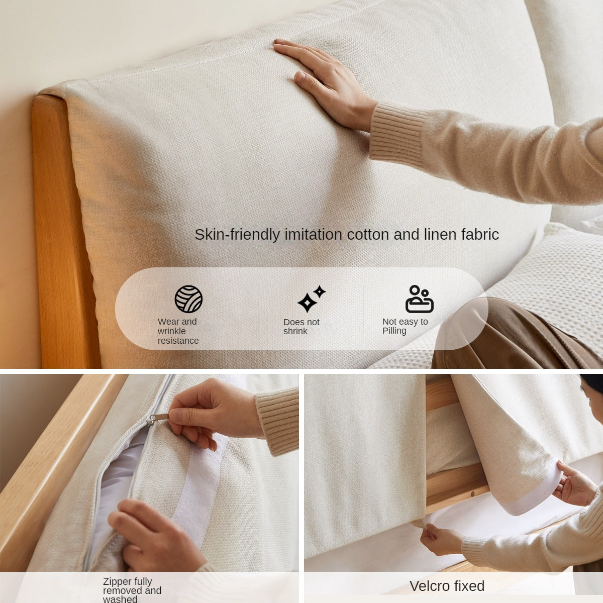 European Beech Solid Wood Soft Back Fabric Bed