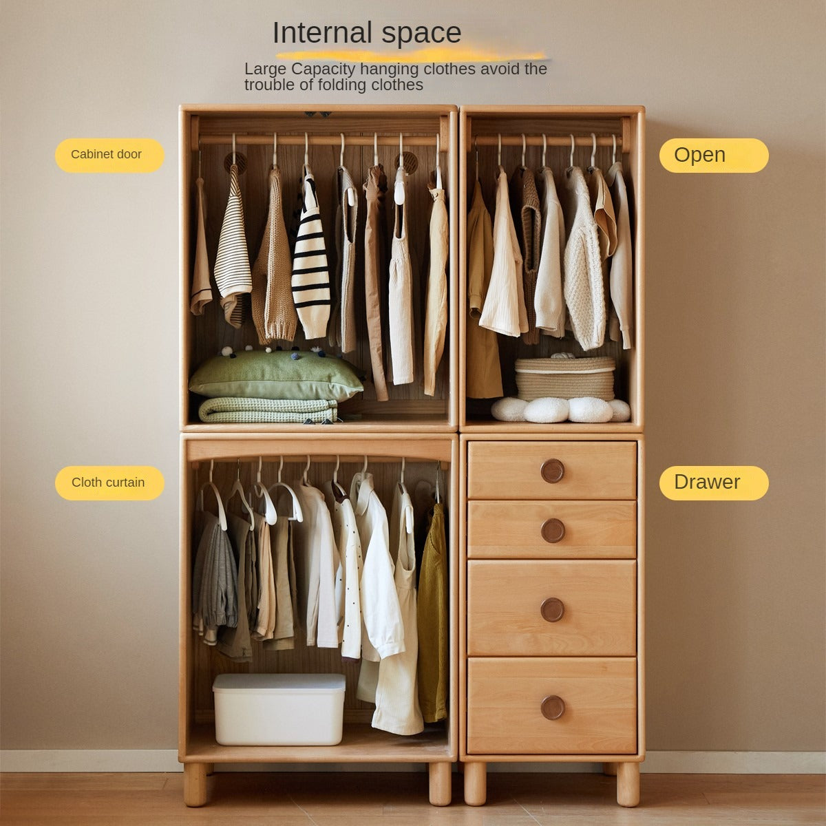 Beech, Rubber Solid Wood Children's Wardrobe,Combination Storage Cabinet