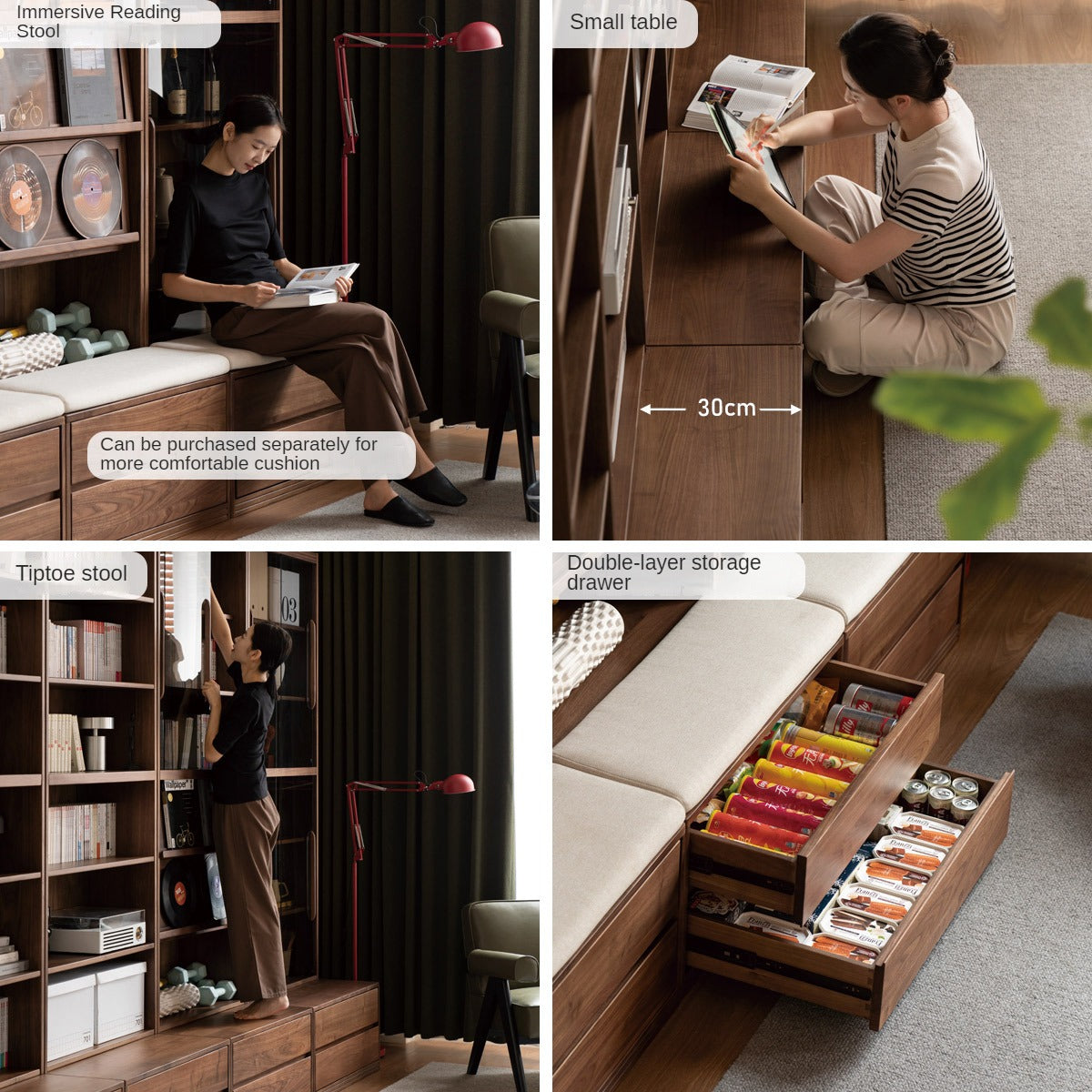 Black Walnut, Oak, Sandalwood, Ash Solid Wood Light Luxury Combined Bookshelf With Seat