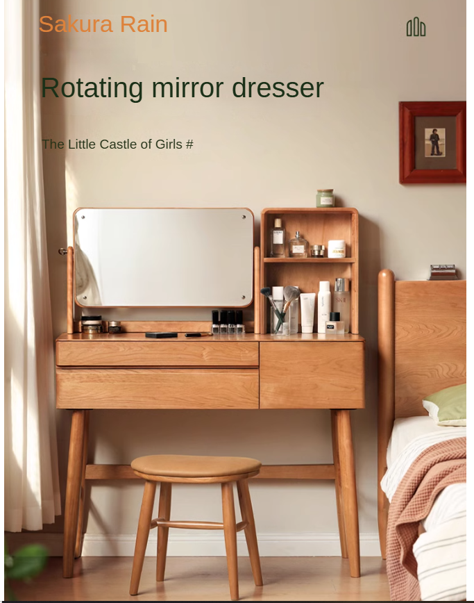 Cherry Solid Wood Vanity Table Nordic Makeup Mirror.