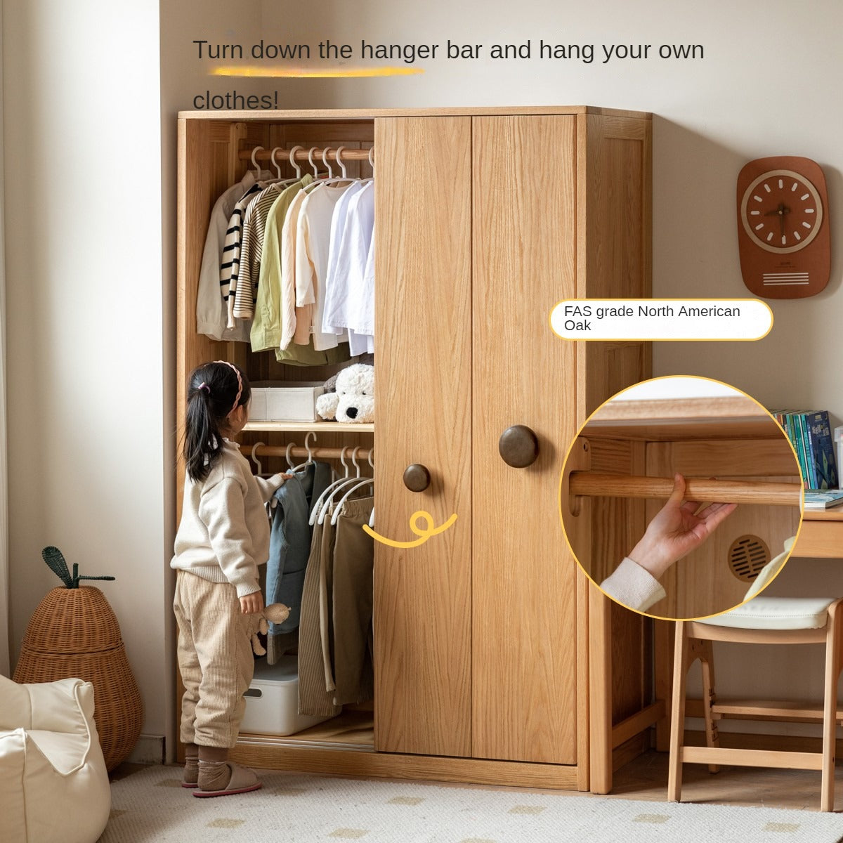 Oak Solid Wood Children's Sliding Door Wardrobe