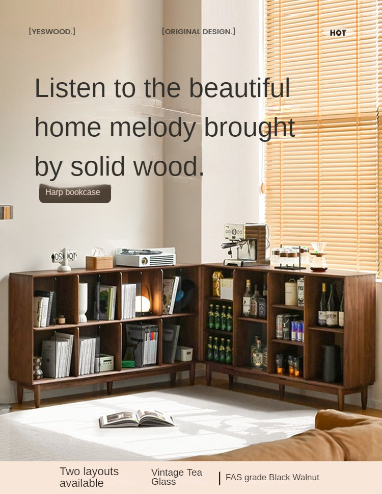 Black Walnut, Oak Solid Wood Bookcase Modern Storage Cabinet.