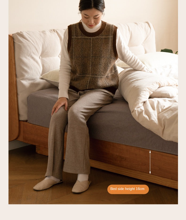 Cherry Solid Wood Box Bed Top Genuine Leather, Corduroy Suspended Bed