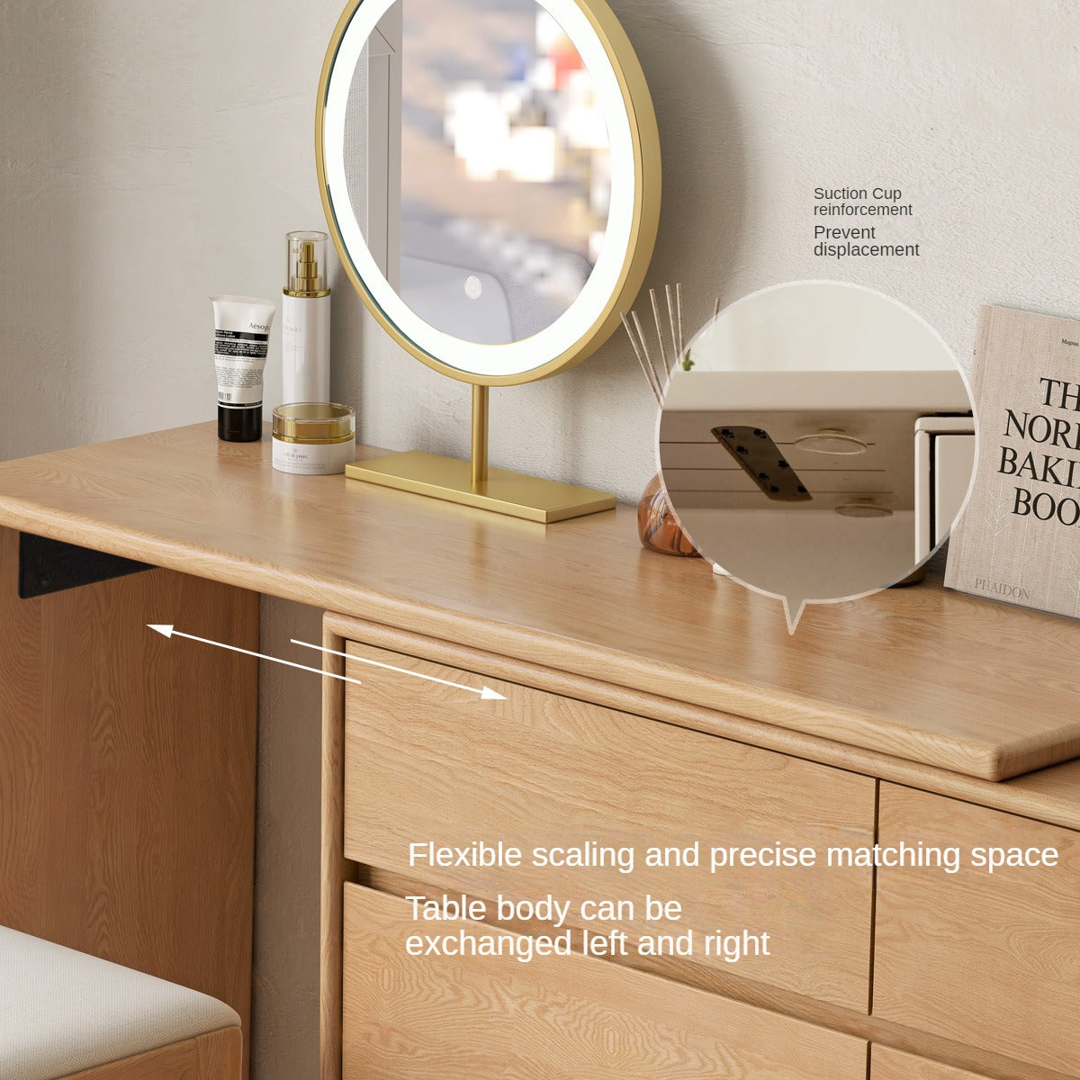Oak, Solid Rubberwood Dressing Table L-Shaped Corner