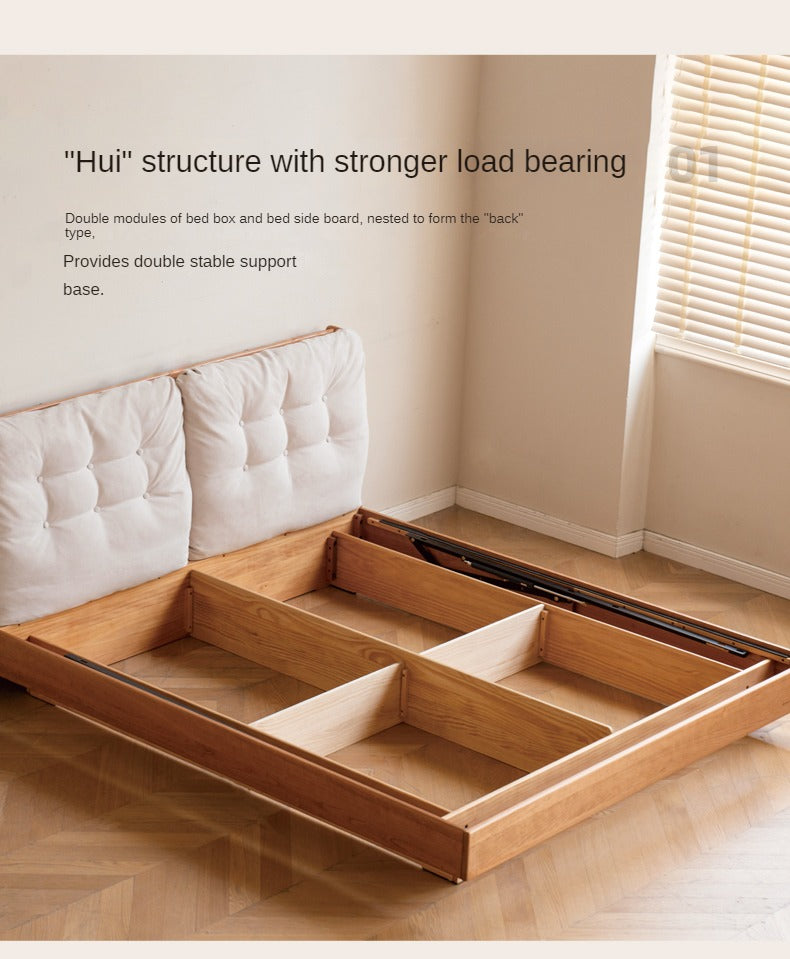 Cherry Solid Wood Box Bed Top Genuine Leather, Corduroy Suspended Bed