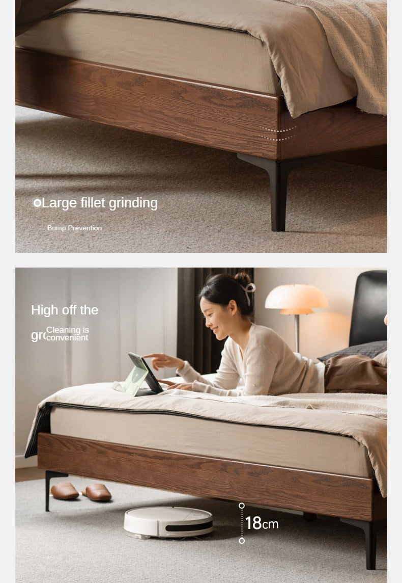 Oak,Black Walnut Solid Wood Soft Genuine Leather Bed Light Luxury