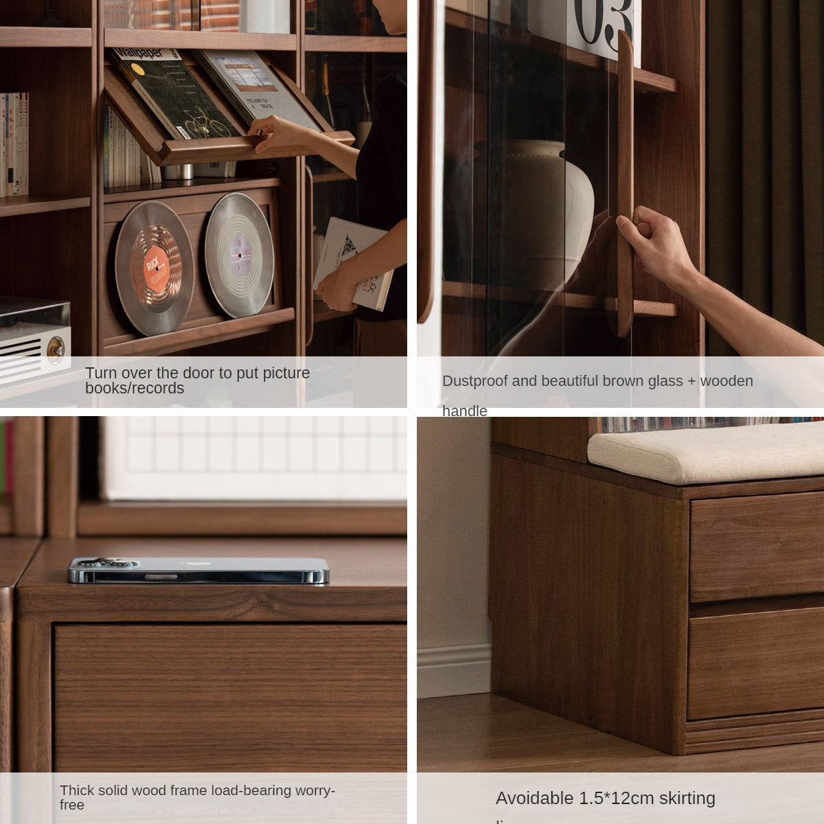 Black Walnut, Oak, Sandalwood, Ash Solid Wood Light Luxury Combined Bookshelf With Seat