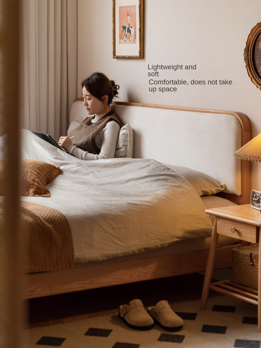 Cherry Solid Wood Bed — Modern Minimalist Upholstered Design