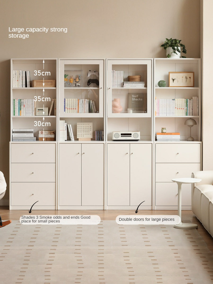 Poplar Solid Wooden Bookcase Cream White Free Combination Glass Door Display Cabinet