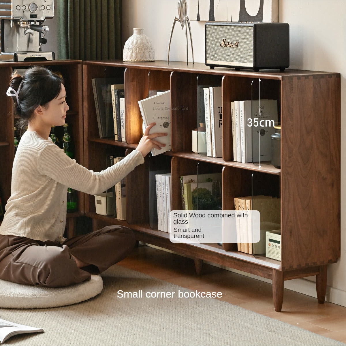 Black Walnut, Oak Solid Wood Bookcase Modern Storage Cabinet.