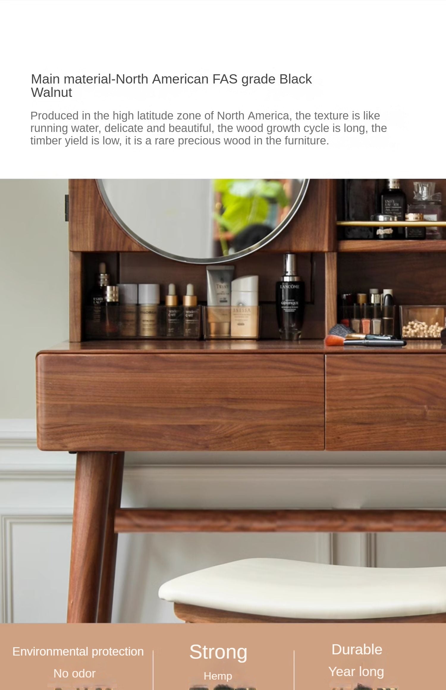 Black Walnut, Sandalwood Solid Wood Moon Makeup Mirror Vanity Table.