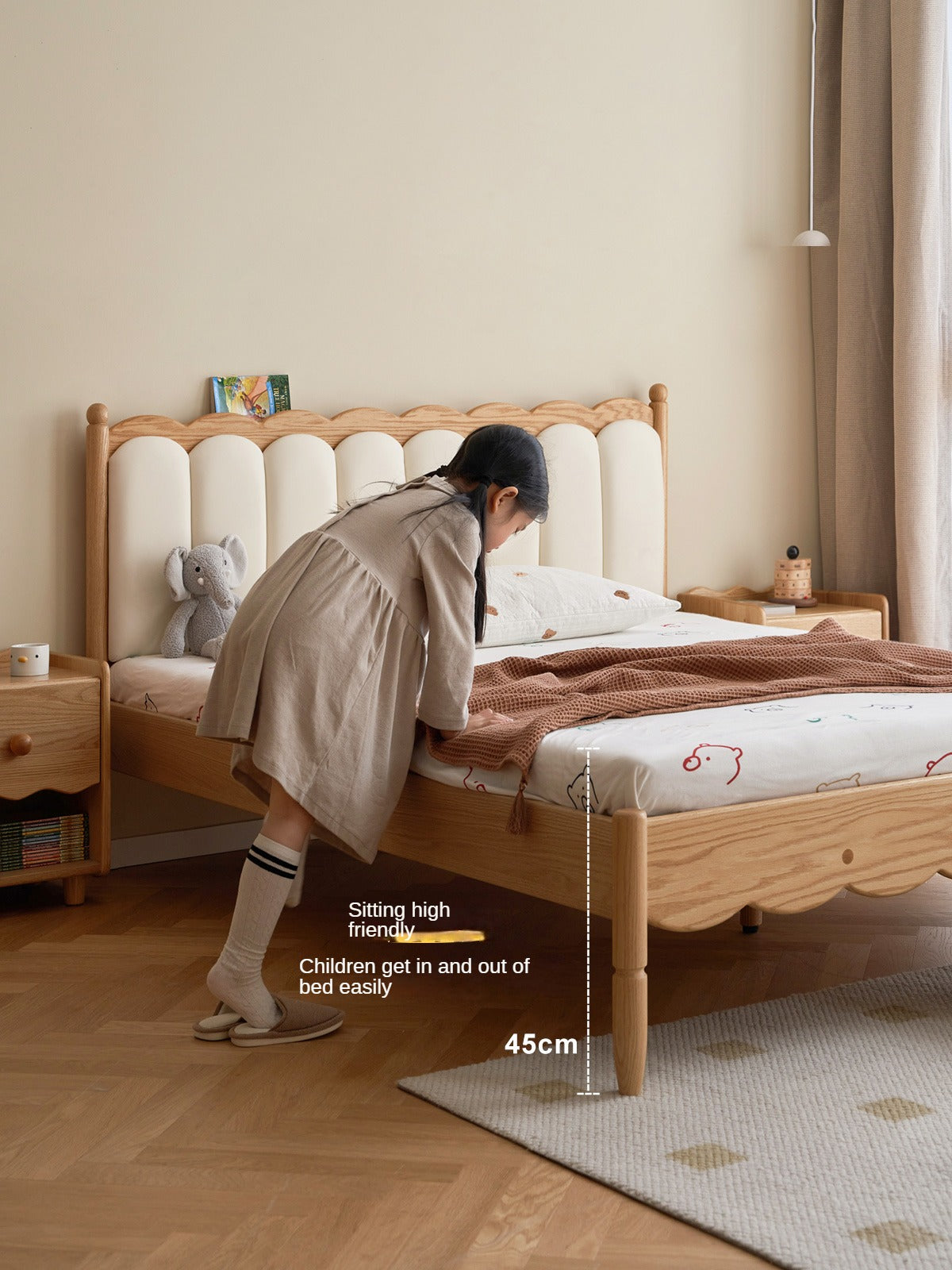 Oak solid wood Milky white kids upholstered bed with soft headboard<