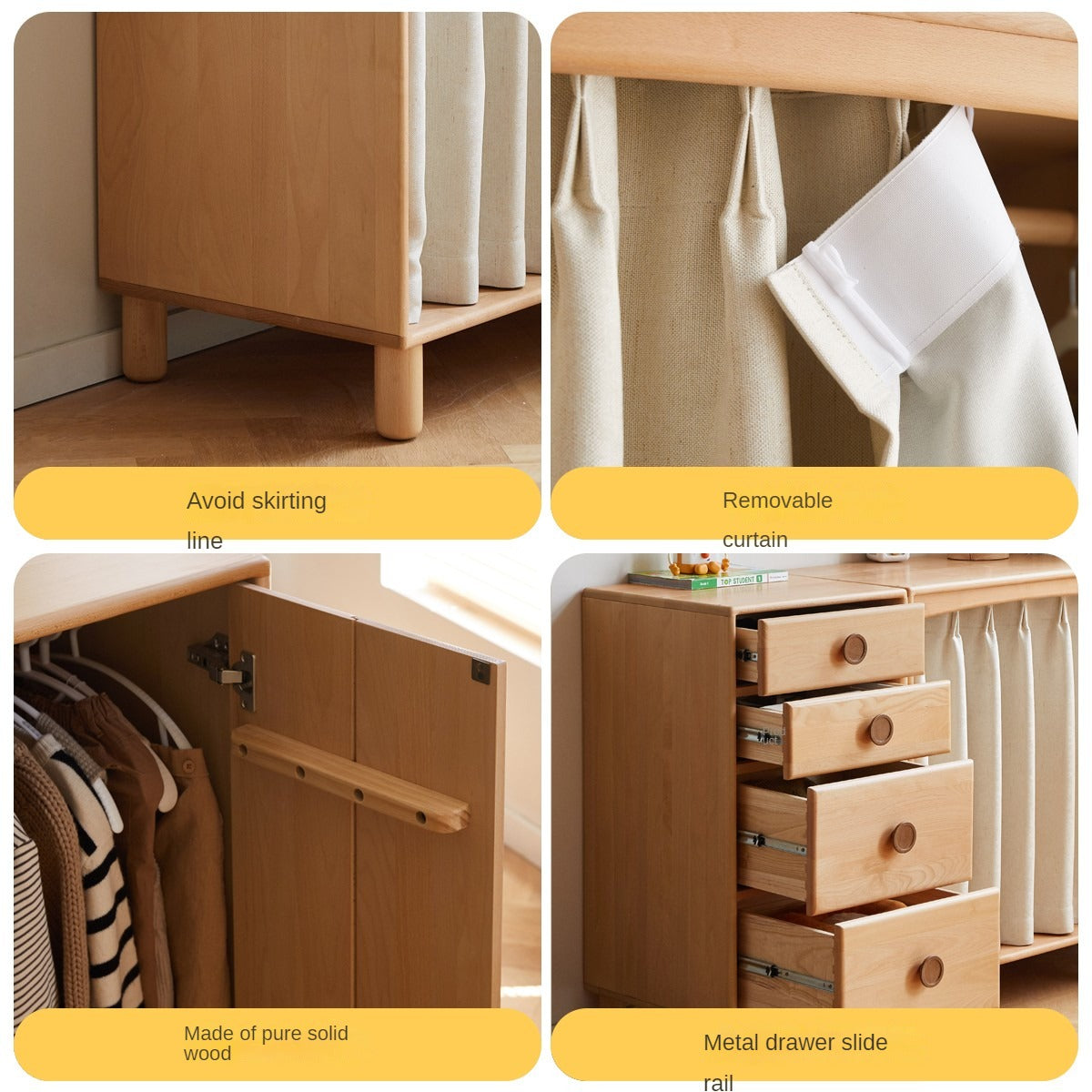 Beech, Rubber Solid Wood Children's Wardrobe,Combination Storage Cabinet
