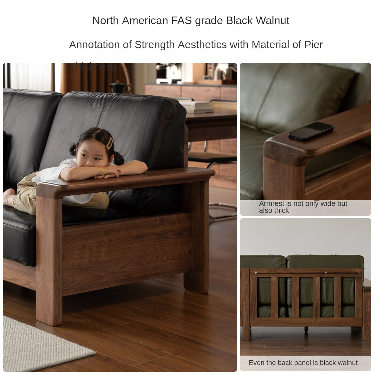 Black Walnut Solid Wood Modern Straight Sofa.