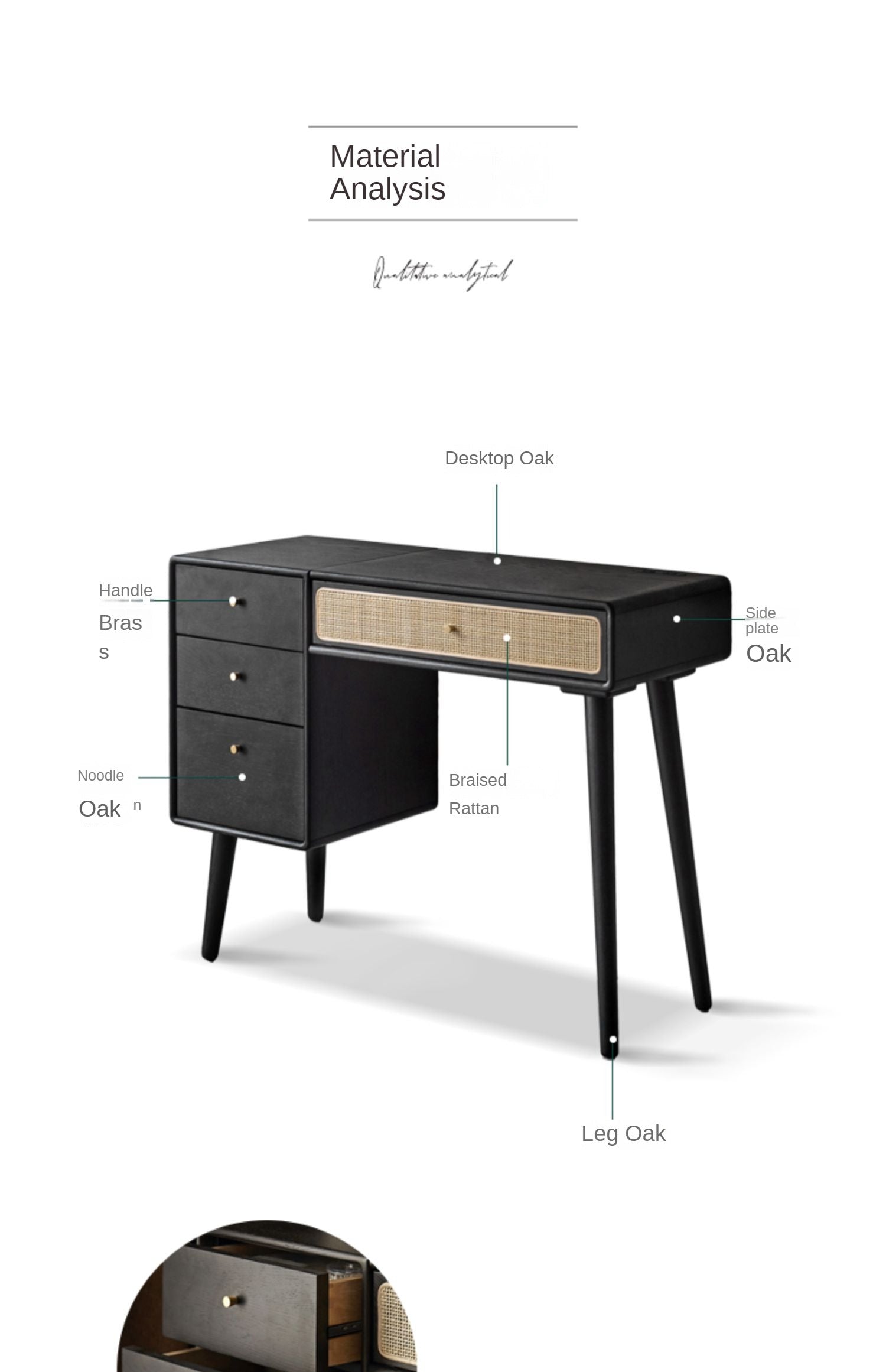 Oak Solid Wood Black Vintage Makeup Dressing Table.