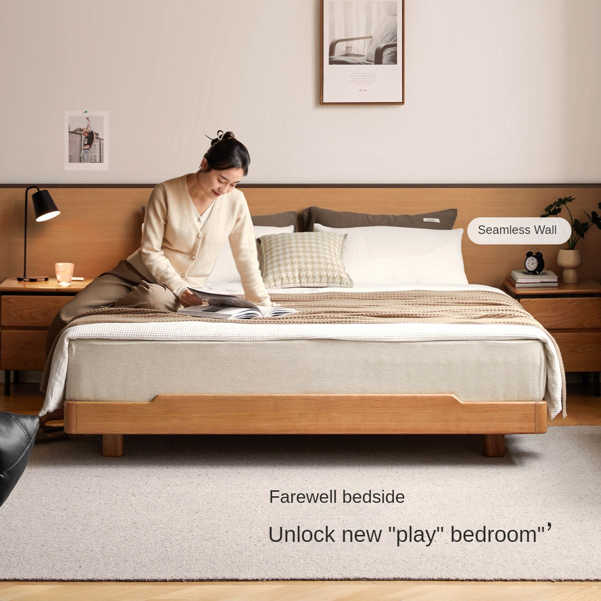 Cherry Wood Solid Wood platform bed, headboard-free bed with Light.