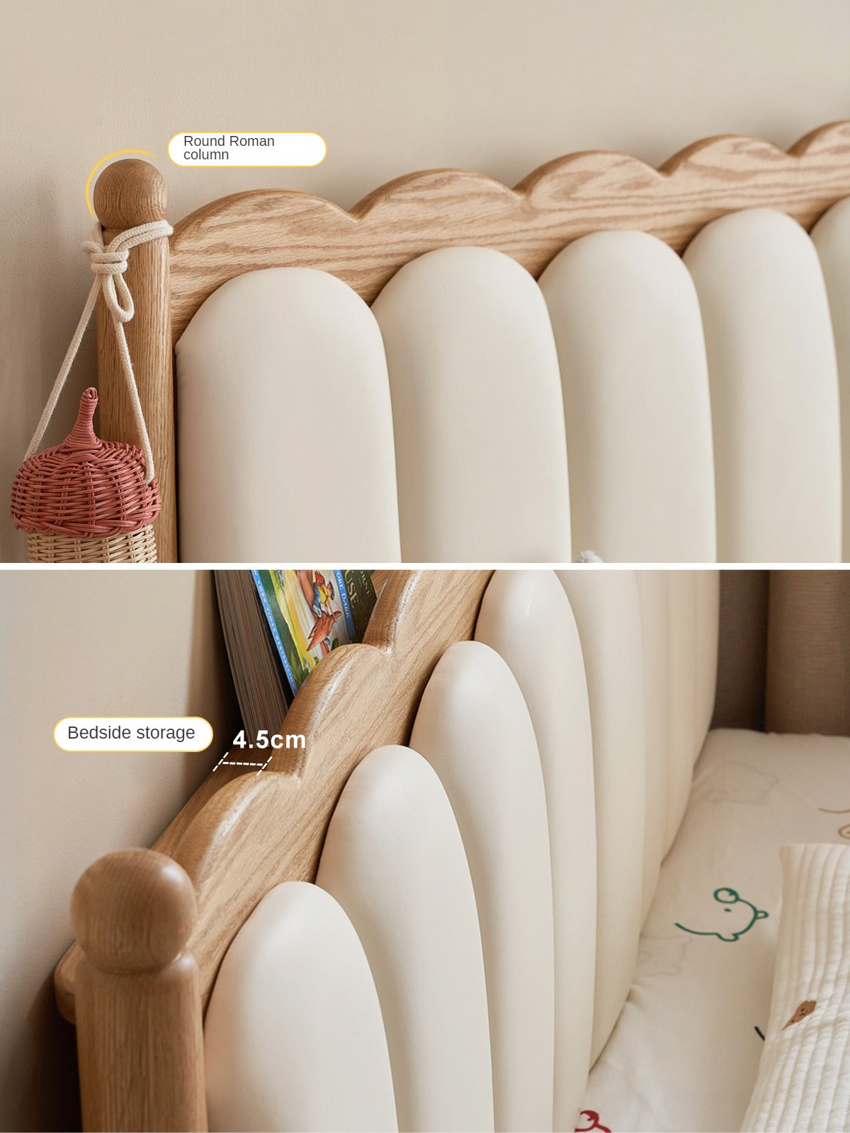 Oak solid wood Milky white kids upholstered bed with soft headboard<