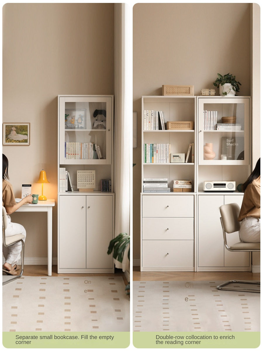 Poplar Solid Wooden Bookcase Cream White Free Combination Glass Door Display Cabinet