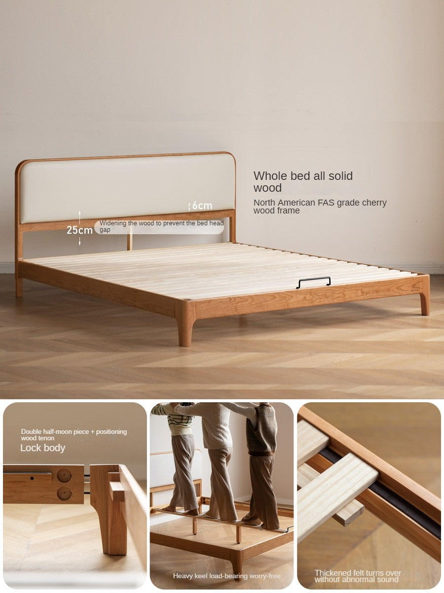 Cherry Solid Wood Bed — Modern Minimalist Upholstered Design