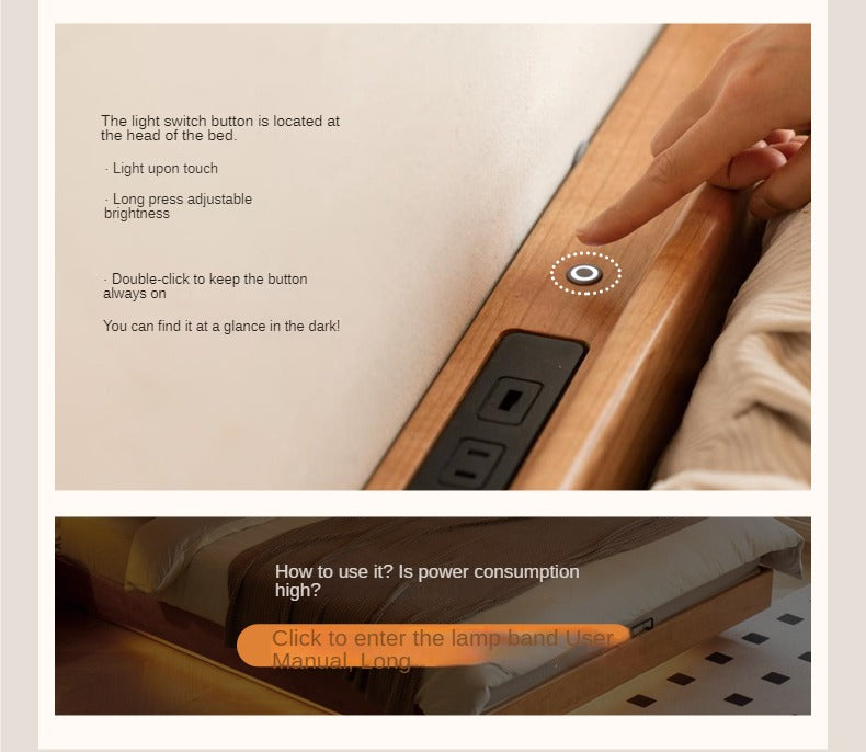 Cherry Solid Wood Box Bed Top Genuine Leather, Corduroy Suspended Bed