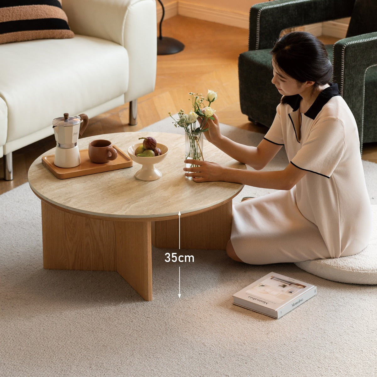 Oak Solid Wood Travertine Rock Plate Coffee Table