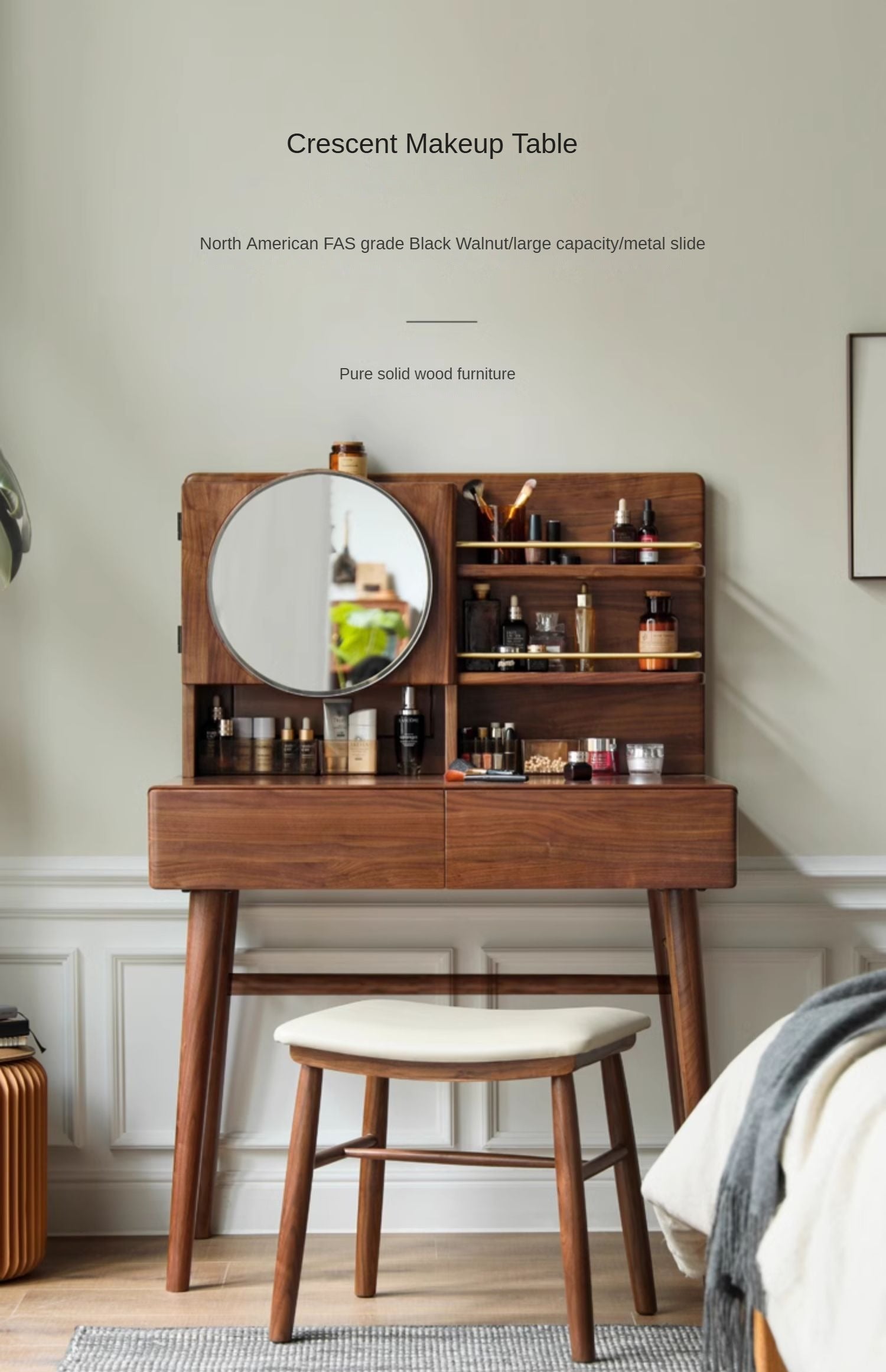 Black Walnut, Sandalwood Solid Wood Moon Makeup Mirror Vanity Table.