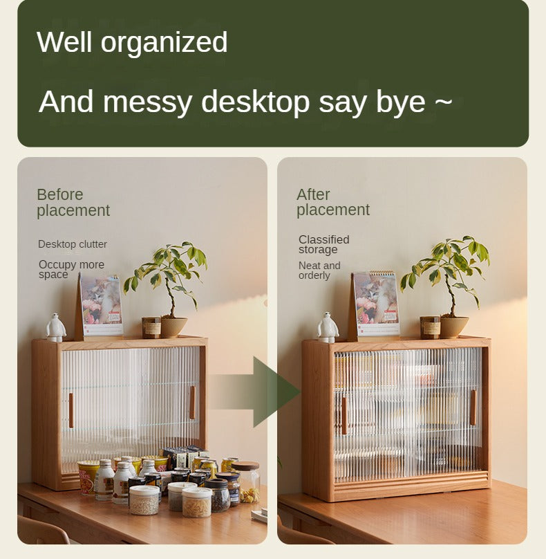 Cherry Solid Wood Glass Sliding Door Storage Cabinet.