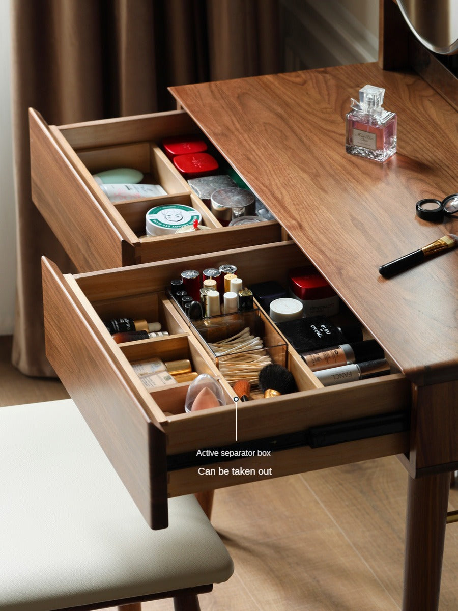 Black Walnut, Sandalwood Solid Wood Moon Makeup Mirror Vanity Table.