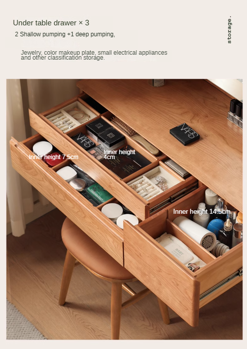 Cherry Solid Wood Vanity Table Nordic Makeup Mirror.