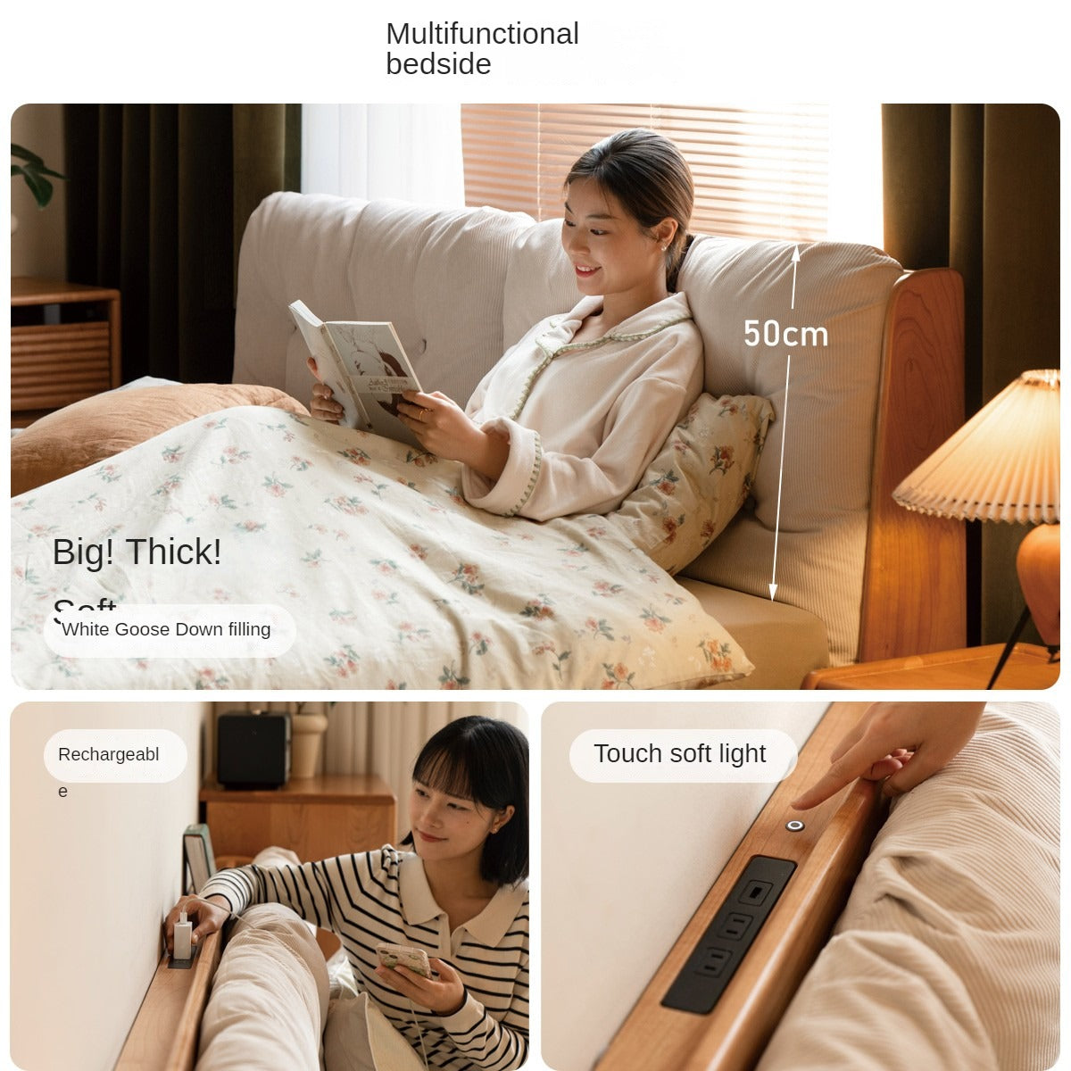 Cherry Solid Wood Box Bed Top Genuine Leather, Corduroy Suspended Bed