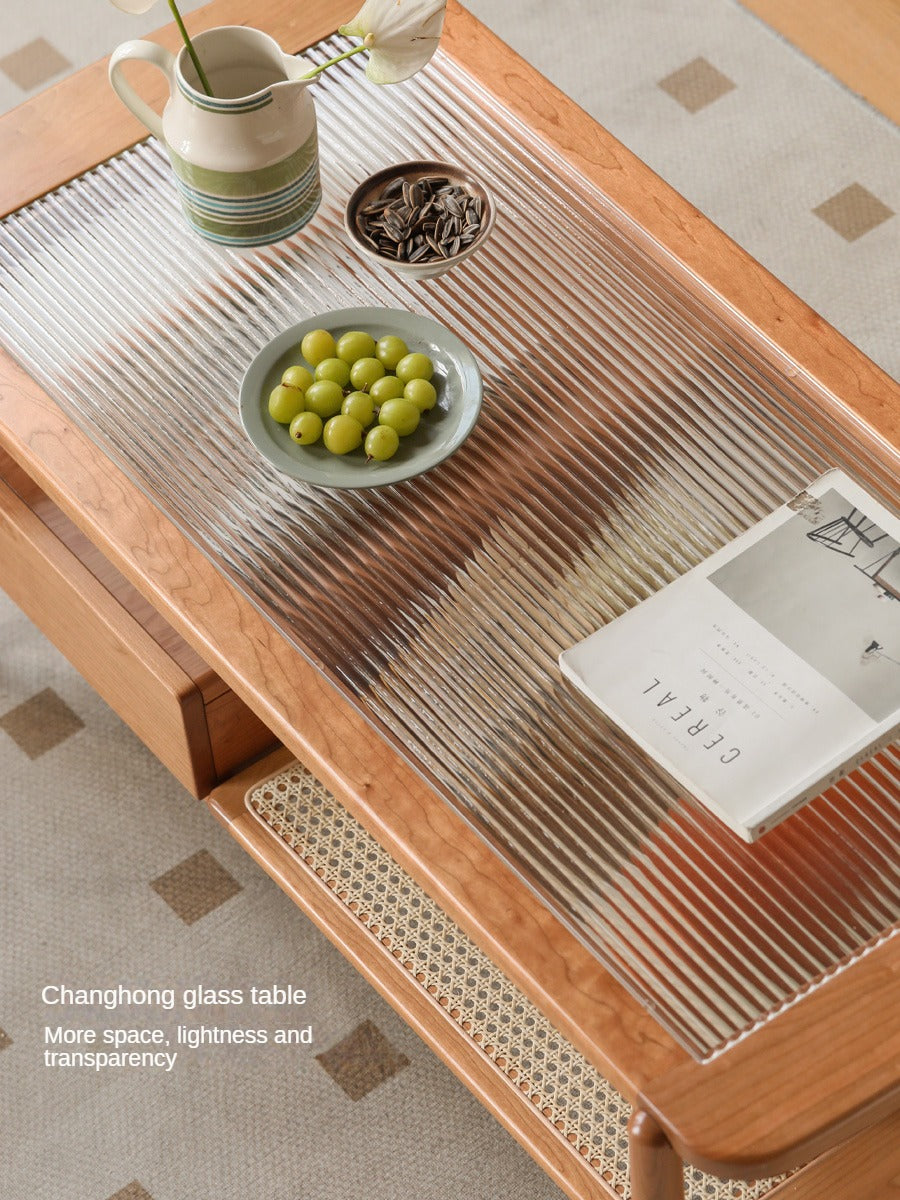 Cherry Solid Wood Coffee Table Glass, Rattan