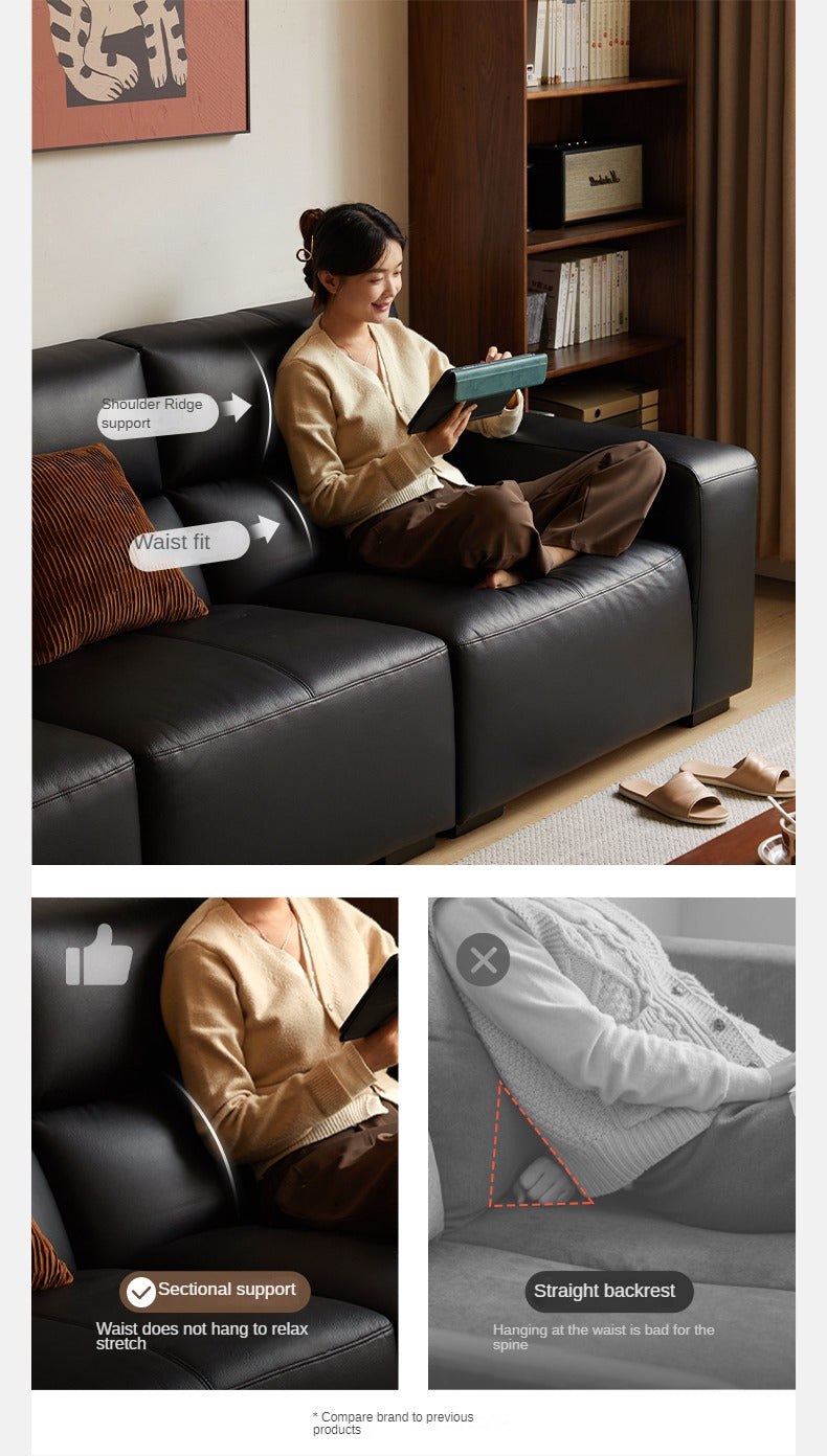 Leather Sofa First Layer Yellow Cowhide Tofu Block Leather Sofa.