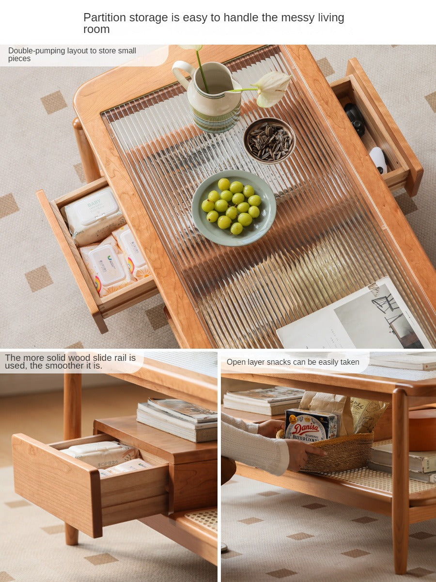 Cherry Solid Wood Coffee Table Glass, Rattan