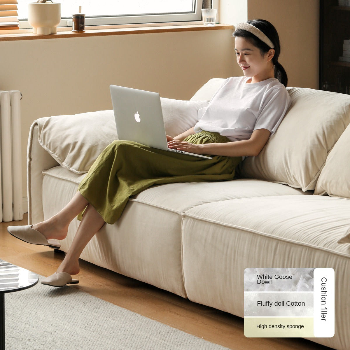 Fabric Straight Sofa Cream Style.