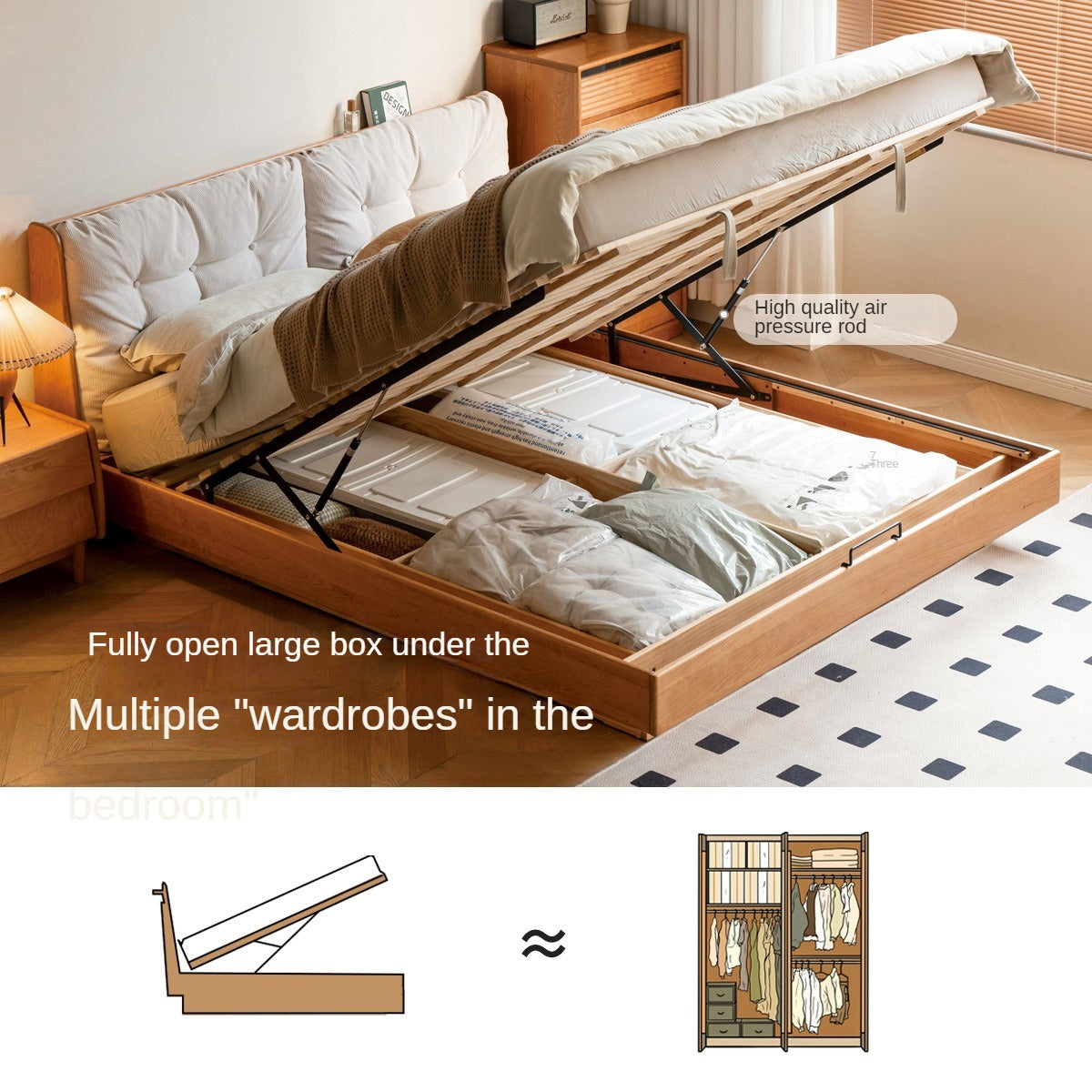 Cherry Solid Wood Box Bed Top Genuine Leather, Corduroy Suspended Bed