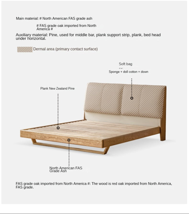 Oak, Ash Solid Wood Leather Soft Bed Italian Light Luxury.