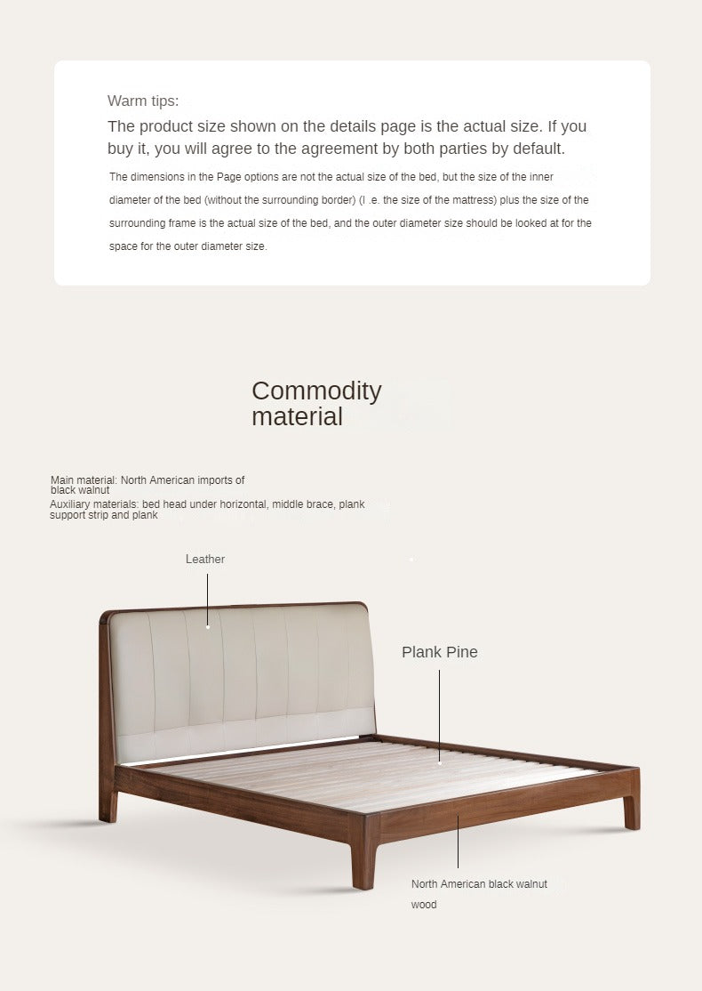 Teak, Black Walnut Solid Wood Bed Leather Soft Bed with Socket